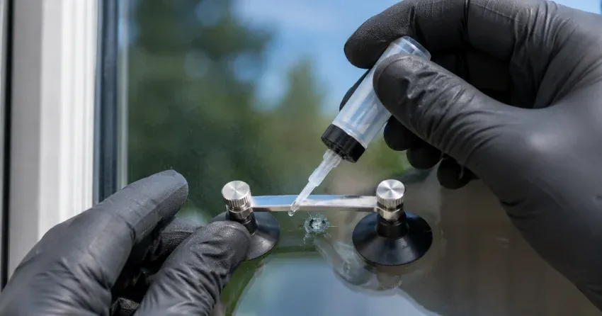 technician performing chipped glass repair on a window in Argyle, London