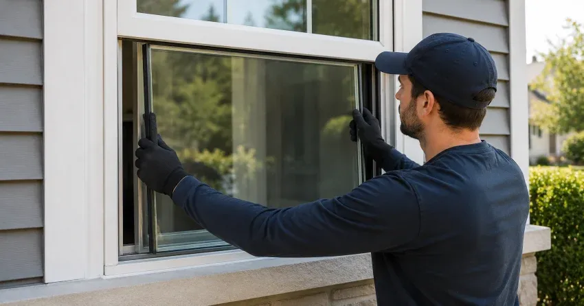 technician boarding up broken window during emergency glass repair Eagle Ridge, London