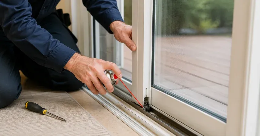 technician inspecting door hinge hardware and alignment in Hyland Estates, London