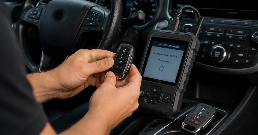 technician inspecting a worn car key before replacement in Eagle Ridge, London