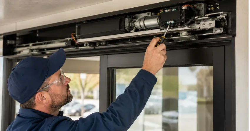 technician completing automatic door repair on residential property in Azure Condominiums, London