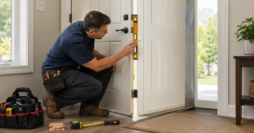 technician diagnosing a misaligned door frame in Somerset, London