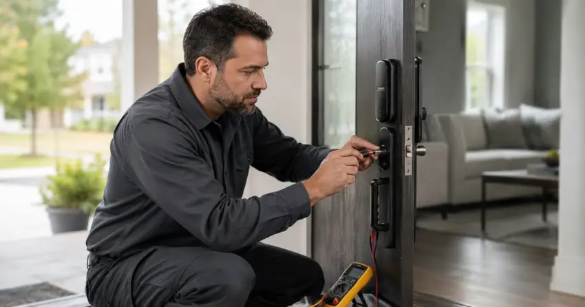 technician diagnosing automatic door lock mechanism on residential door in Hyde Park, London
