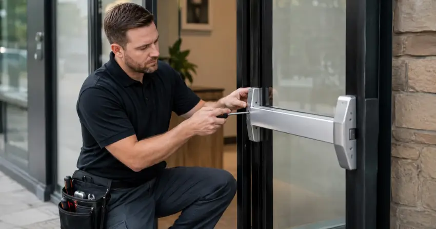 commercial locksmith repairing exit device on storefront door Masonville, London