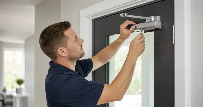 technician adjusting door closer hydraulic valve in Deer Ridge, London home