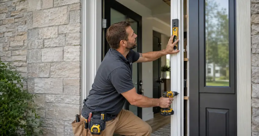 technician installing a new exterior door frame in Hale Street District, London