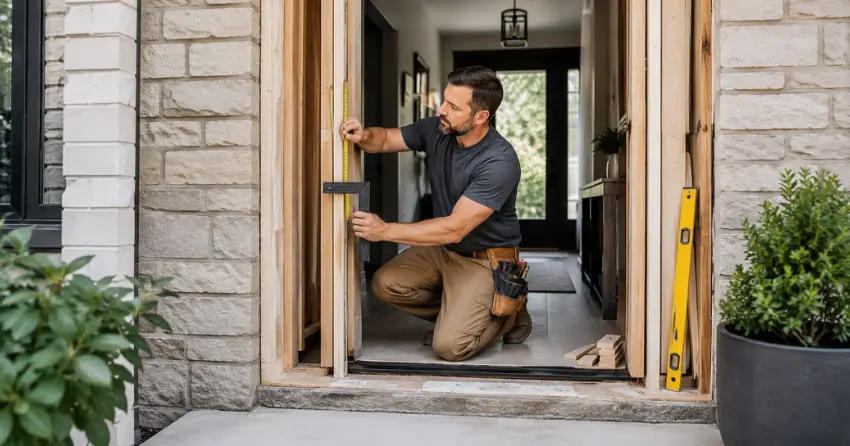 exterior door installer assessing rough opening in River Bend, London
