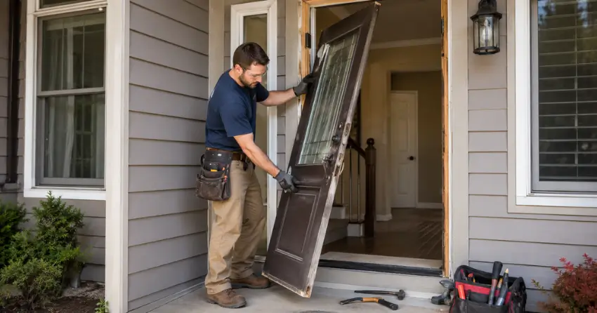 old exterior door being removed for replacement in Fanshawe, London