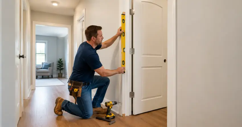 technician installing a pre-hung interior door in a home hallway Brockley, London