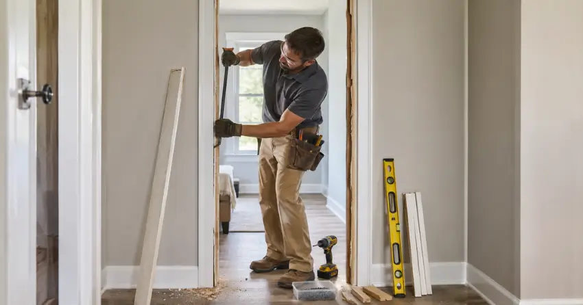 technician removing an old interior door frame during installation Kensal Park, London