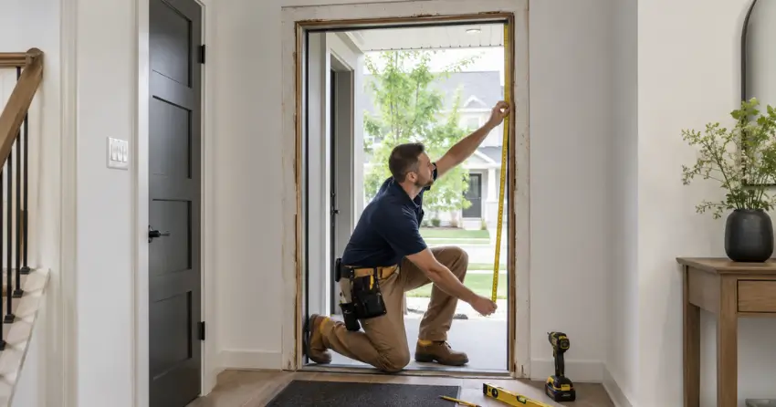 technician measuring a door frame before new door installation in Fairmont, London