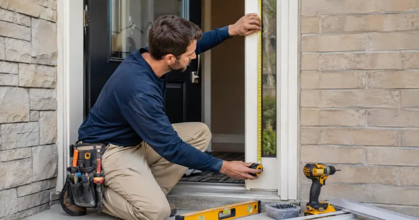 technician measuring door frame before storm door install in Cedar Hollow, London