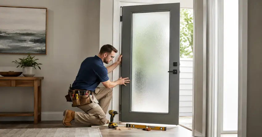glass panel door installation with frosted privacy glass in residential setting in Springbank, London