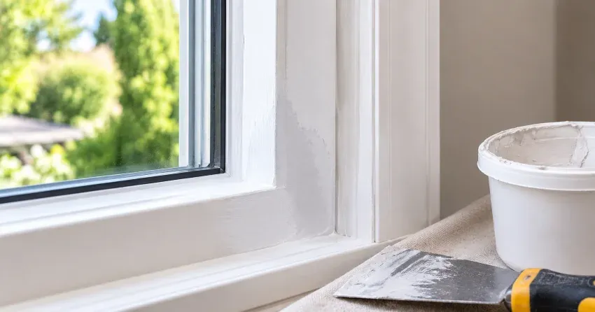 technician repairing rotted window frame corner in Pottersburg, London
