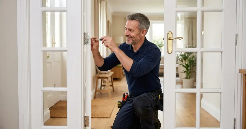 technician adjusting French door hinge for proper alignment in Cranbrook, London