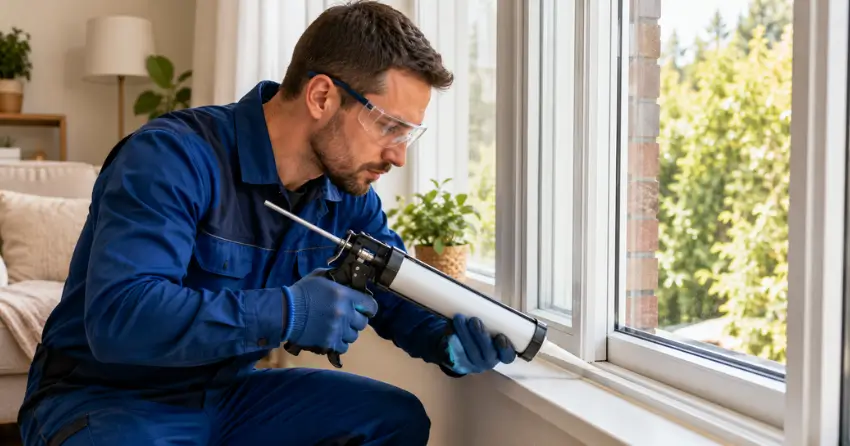 technician repairing window seal and frame in Sunningdale, London