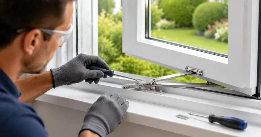 automatic door technician inspecting sensor and control panel in Peppertree Estates, London