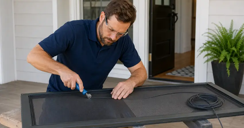 technician replacing screen door mesh and spline in Hamilton Road, London